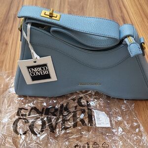 Enrico Coveri Light Blue Pebbled Leather Shoulder Bag
